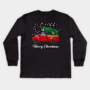 Merry Christmas Retro Vintage Red Truck Kids Long Sleeve T-Shirt